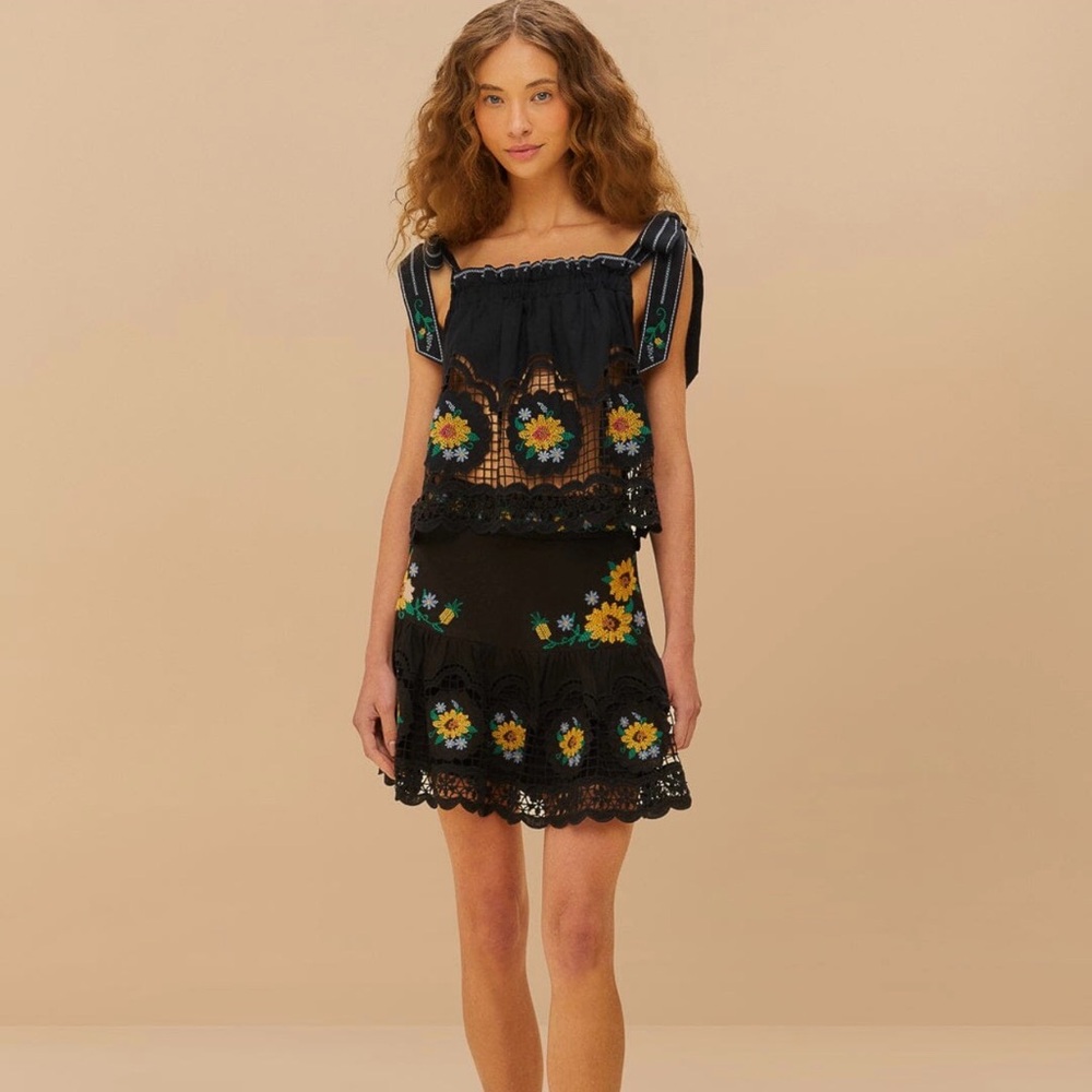 FARM Rio Cross Stitch Sunflower Richelieu Top, size small - Picture 2 of 4